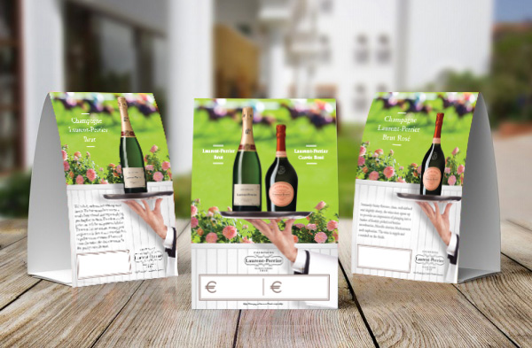 Laurent-Perrier tent Cards featuring an empty belly for pricing